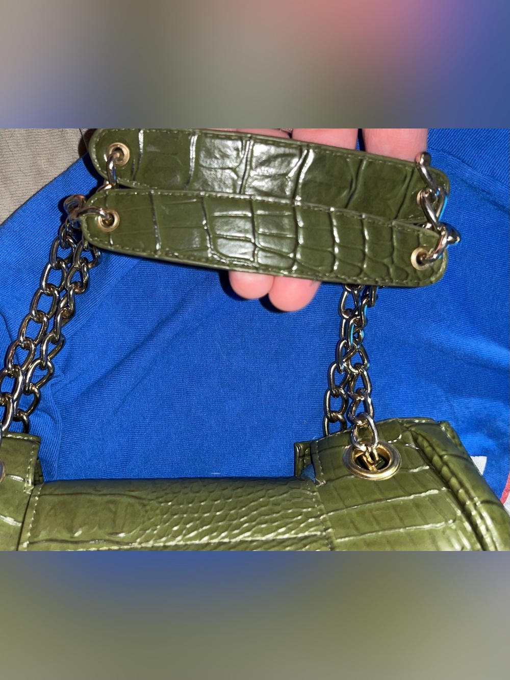 Isaac Mizrahi EUC Olive Green Croc-Embossed Shoulder Bag with Gold Hardware - Picture 6 of 6